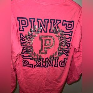PINK long-sleeve embroidered back tee - size XS